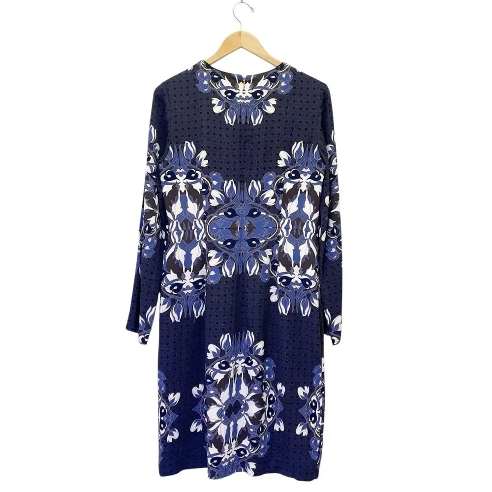Tory Burch Blue Floral Medallion Sheath Dress Size 10 Jersey Long Sleeve Stretch